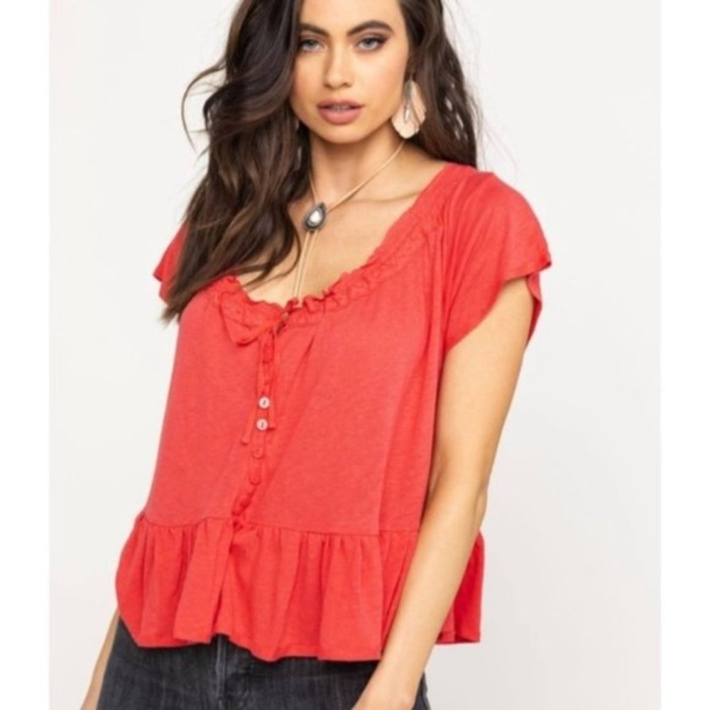 Free People Charlie Red-Orange Ruffled Feminine/Flirty Crop Tee Top Size Small